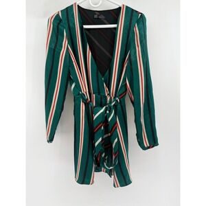 ZARA TRF Striped Wrap Dress Romper  Green Red White Black LongSleeve Tie Waist M